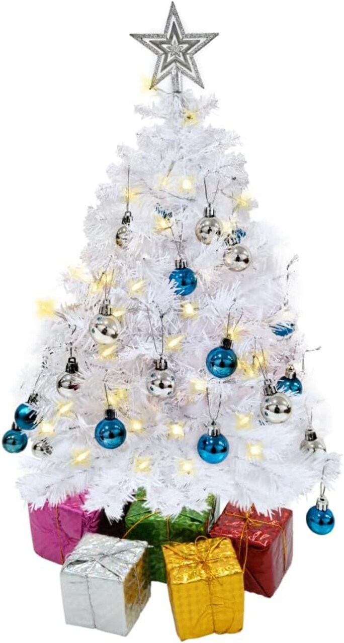 4E's Novelty 23" Prelit Mini White Christmas Tree with Lights, Ornaments, Star Topper & Gift Boxes, Small Tabletop Holiday Tree for Home Bedroom Office Decor